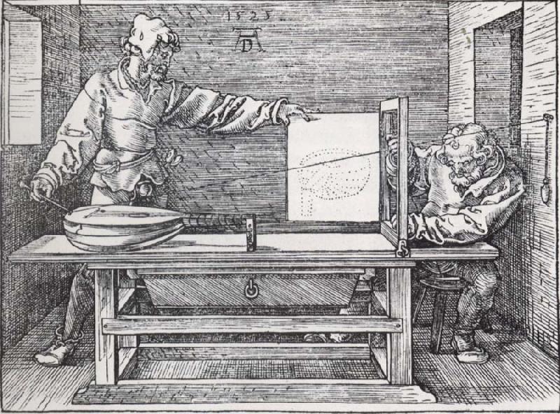 Jacopo de Barbari Man Drawing a lute with the monogram of the artist from the Manual of Measure-ment